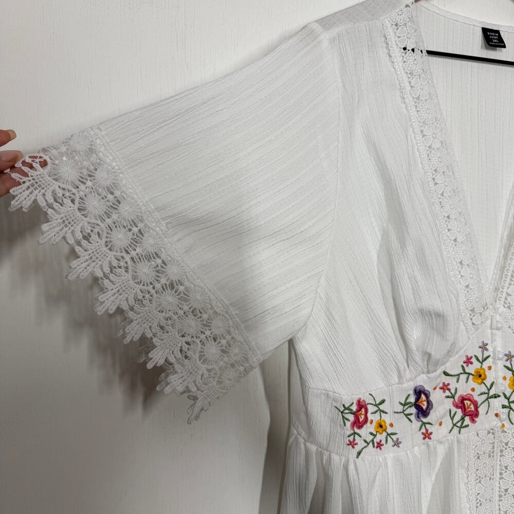 SHEIN Duster Maxi Dress Womens Size XXL White Floral Embroidered Boho Cover Up - Picture 10 of 12